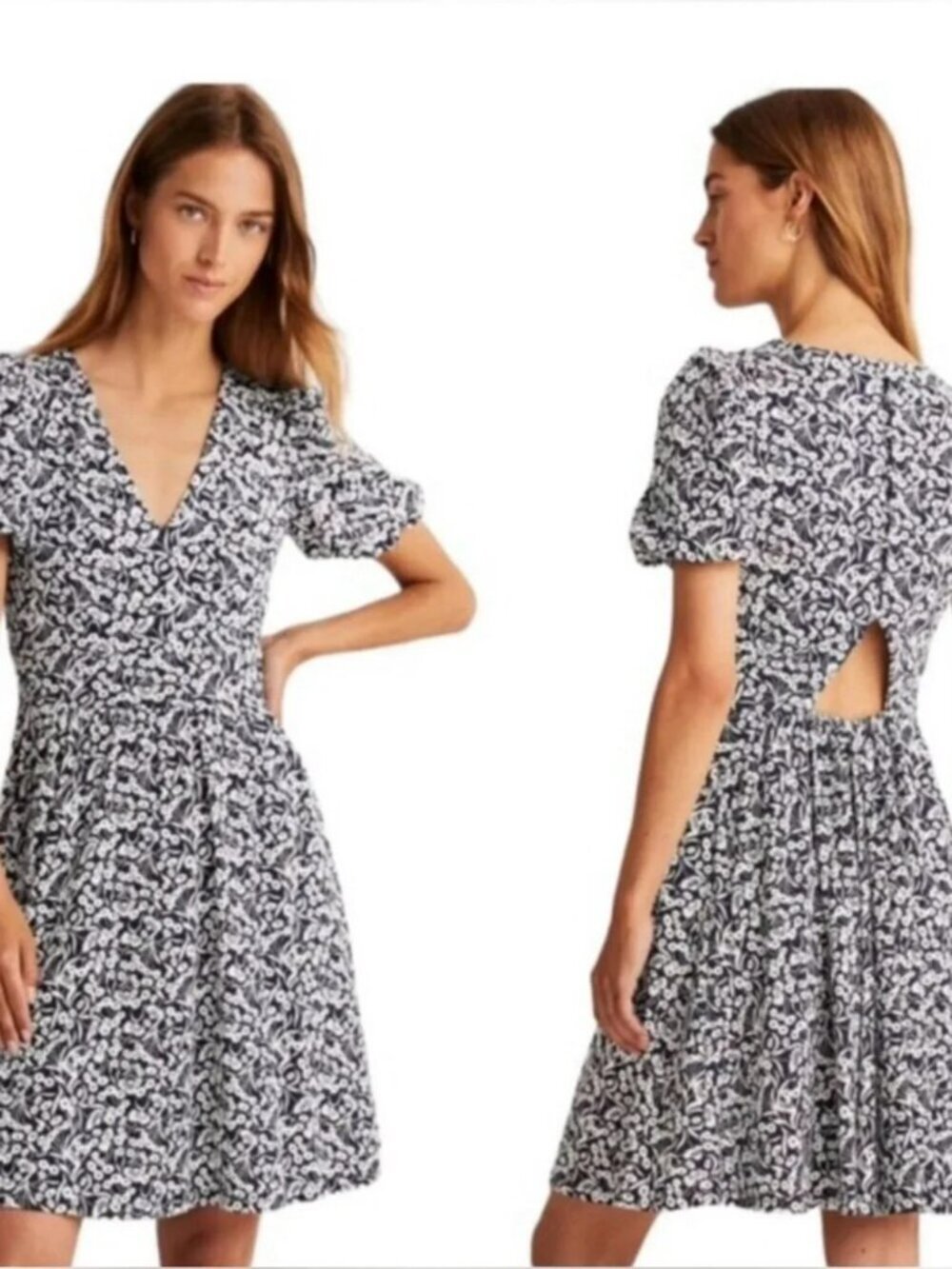 Whimsy Girly Flirty Boho Jersey Boden Navy White Floral Cut Out Mini Dress US 12